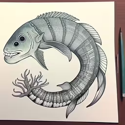 a drawing of a fish on paper with watercolor pencils,a drawing of a large fish with an unusual look