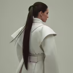 woman in a white jacket with her hair in a ponytail