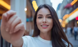 a woman is smiling at the camera and holding her hands up in the air