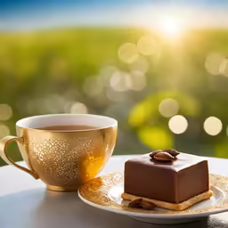 a dessert on a table with a cup of tea in front of it