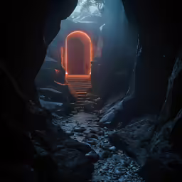 an entrance to a dark cave with stairs