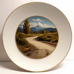 a scenic image on an open plate with a dirt road