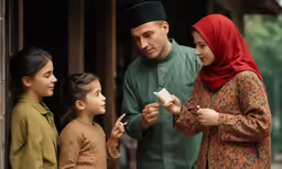 three young children talking to a man wearing a hijab