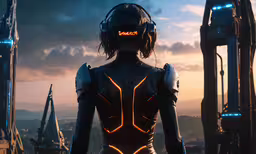 a woman in an alien suit is looking out onto a city,a futuristic woman in a futuristic city setting