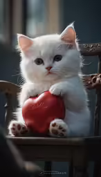 a white cat is holding a red heart