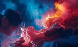 a woman with a camera in a smoke scene
