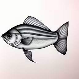 a drawing of a fish in black and white,the drawing of a fish on paper is shown
