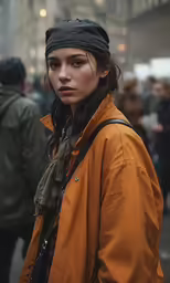 a young girl standing in front of a crowd
