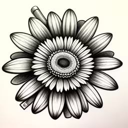 a close up of a black and white drawing of a sunflower,an ink drawing of a sunflower
