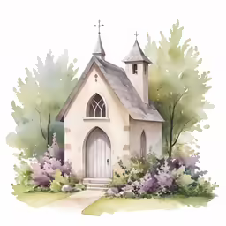a watercolor painting of a church with trees and bushes around it