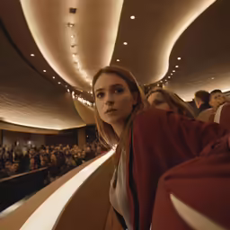 people are sitting in a large auditorium with people on the other side
