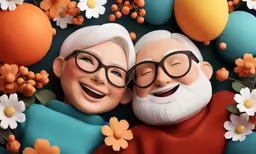 an animated couple is smiling as they float by colorful eggs