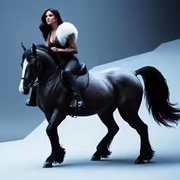 a woman in leather riding on a horse