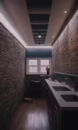 this is a modern kitchen with brick walls