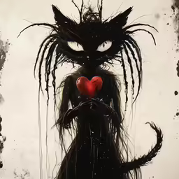 a cat with eyes and a heart in its paws