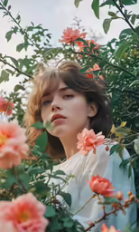 a woman standing between a bush with pink flowers