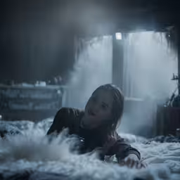 a woman lying on the floor in a room with fog