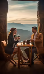 man and woman are sitting at table in front of mountains drinking a glass of wine