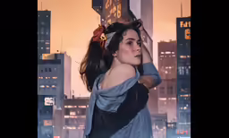 woman standing in city at night wearing a bow in her hair