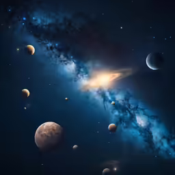 planets are shown in a dark blue night sky