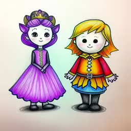 a drawing of two girls in halloween costumes,a drawing of a couple in costume