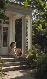 a woman sitting on some steps near a house talking on her phone