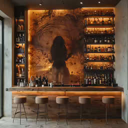 an elegant bar decorated with a poster behind the bars