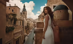 a girl in a white dress is standing near a wall