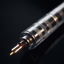 a small silver object with an attached pen with black background