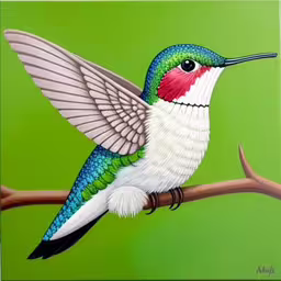 a painting of a hummingbird sitting on a tree branch,a close up of a painting of a hummingbird