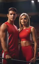 two women wearing red clothing posing for a photograph