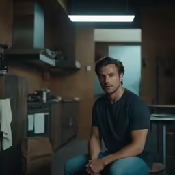 a man sitting on top of a stool in a kitchen