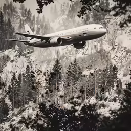 a white airplane is flying over the snowy trees