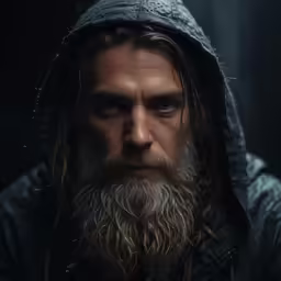 the elder man wearing a hooded jacket in front of dark background