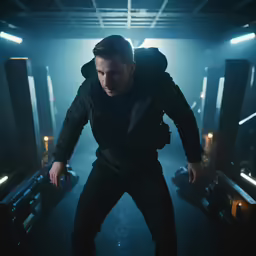 man in black outfit in large room with lighting