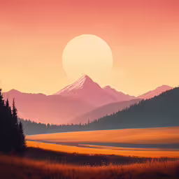 a painting of the setting sun on a mountain range,a sunset scene with mountains, a meadow and a field