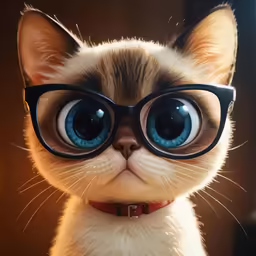 a cat with blue eyes in glasses looking at the camera