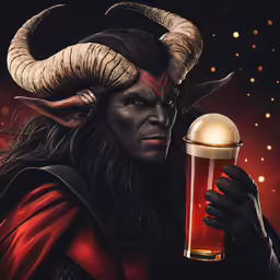 a man in an outfit holding a pint of beer