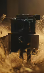 a photograph of a camera with the hood off in an area full of dry grass