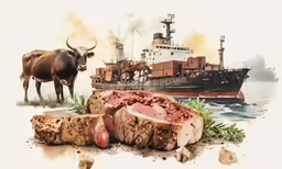 meat slices lying out to be cut with ship and boat in background