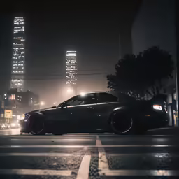 a car on the street in front of some buildings