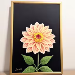 a painting of a pink and yellow flower in gold frame,a picture of a flower that is on a shelf