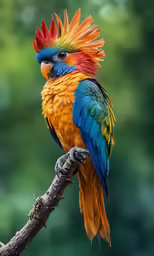 a brightly colored bird with orange, yellow and blue feathers sitting on a branch