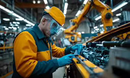 a person wearing protective gear working on machines in a factory