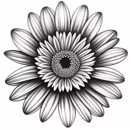 an illustration of a large white daisy,a black and white flower drawn by hand
