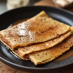 two pancakes sitting on top of a black plate