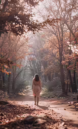 the woman walks down the dirt path in the woods
