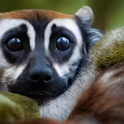 a close up shot of the head and eyes of a colorful lem