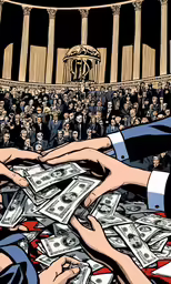 a crowd of people, many in suits and ties, grabbing money at an event