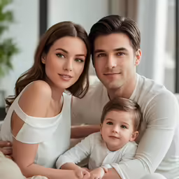 an adorable young family is sitting on the bed posing for a photo